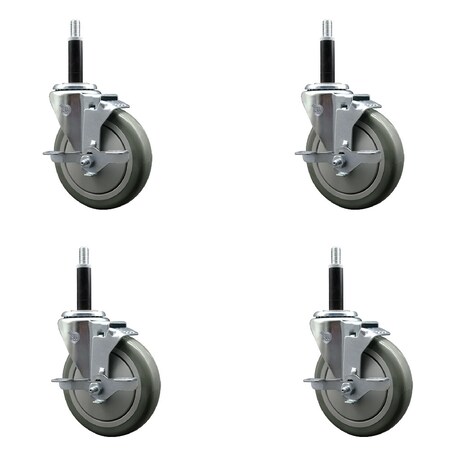 Service Caster 5'' SS Gray Poly Swivel 3/4'' Expanding Stem Caster Set with Brake, 4PK SCC-SSEX20S514-PPUB-TLB-34-4